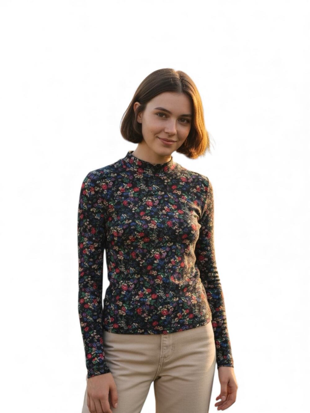 GAP Girls XL (10-12) Black Floral Turtleneck Ribbed Long Sleeve Top